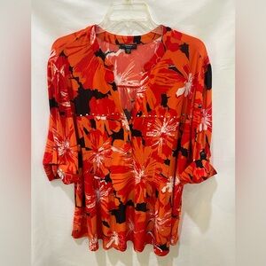 Cocomo Womens Large Pintuck Pleat Popover Top Orange Button Roll Tab 3/4 Sleeve